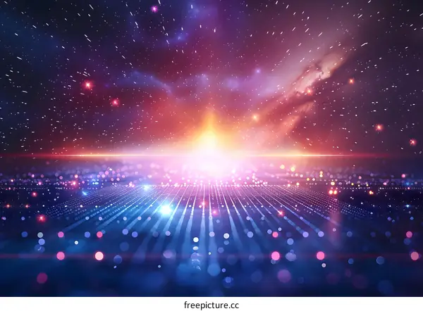 Digital landscape with bright light rays and stars in the night sky