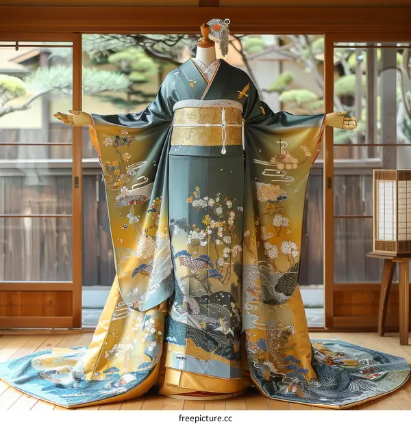 A woman wearing a traditional Japanese wedding kimono