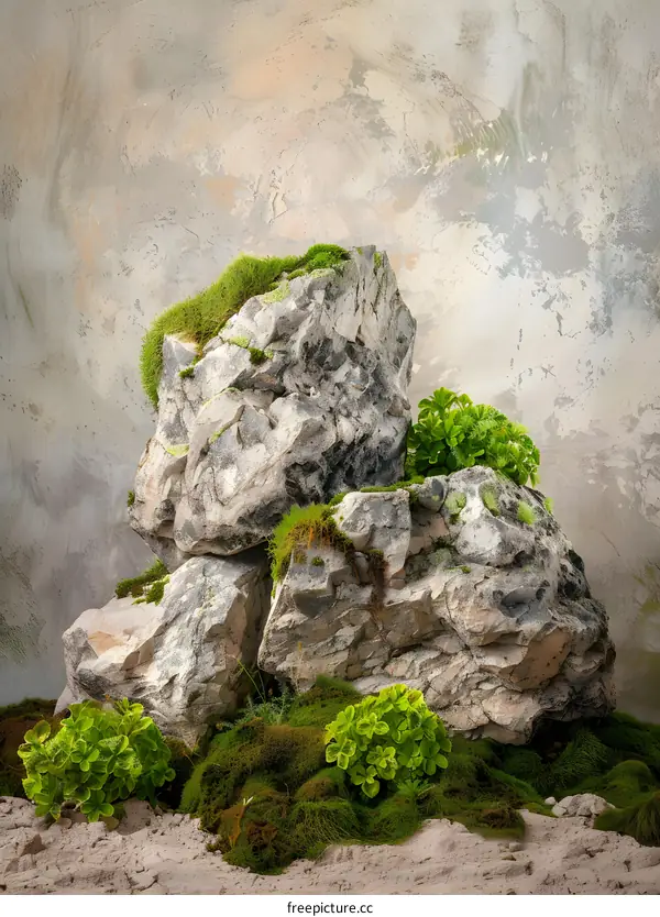 Grey Rocks with Green Moss and Plants