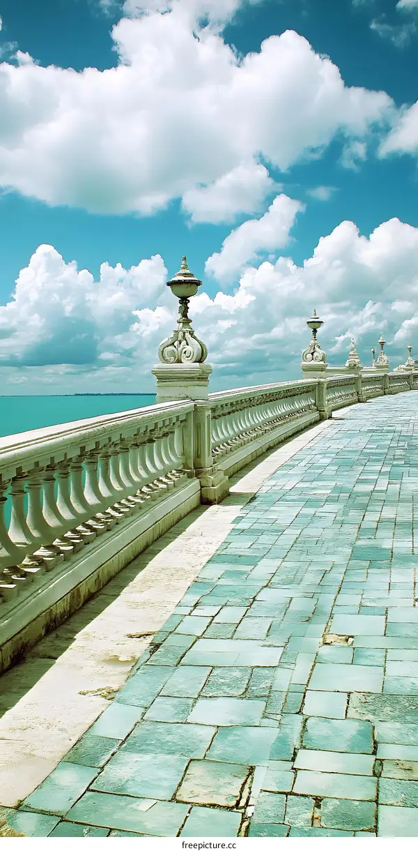 Stone Railing And Cobblestone Path Leading To Ocean Under A Blue Sky