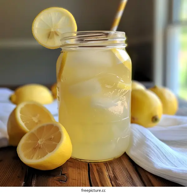 Homemade Lemonade In Mason Jar With Lemon Slices