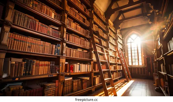 Old Library with Wooden Bookshelves and a Ladder