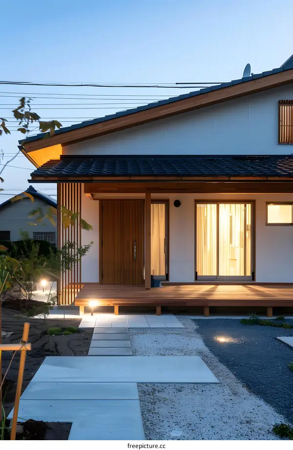 Modern Japanese Style Home Exterior with Wooden Deck and Gravel Path