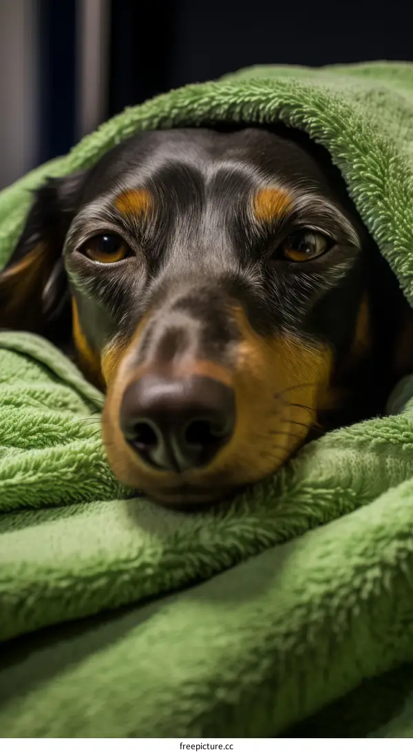 A dachshund wrapped in a green blanket