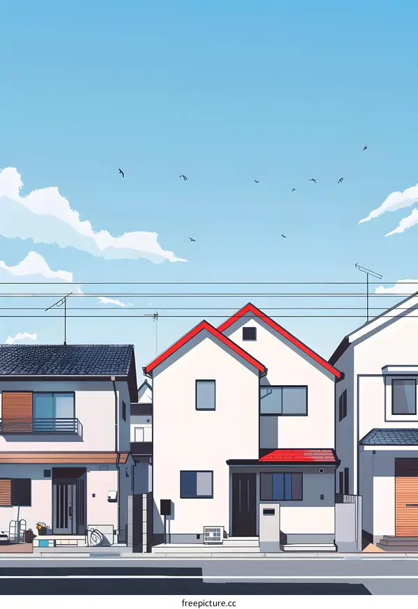 Simple Illustration of Houses in a Quiet Japanese Neighborhood Under a Blue Sky