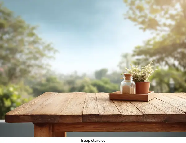 Wooden Table Top with Plants in Outdoor Setting