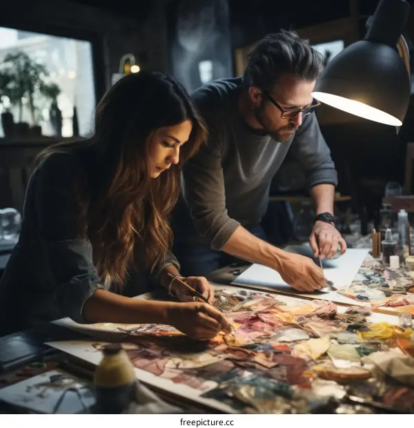 Two people working on art project in studio