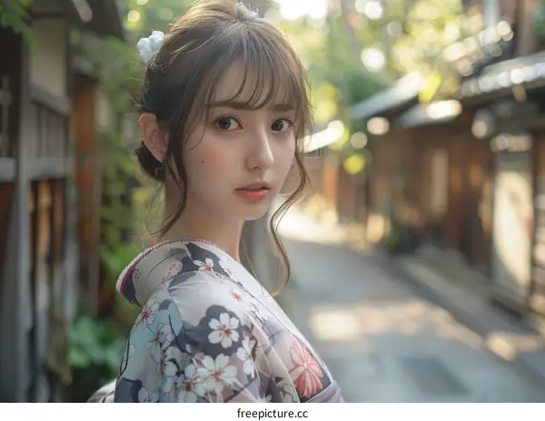 Portrait of a beautiful Japanese woman in traditional kimono