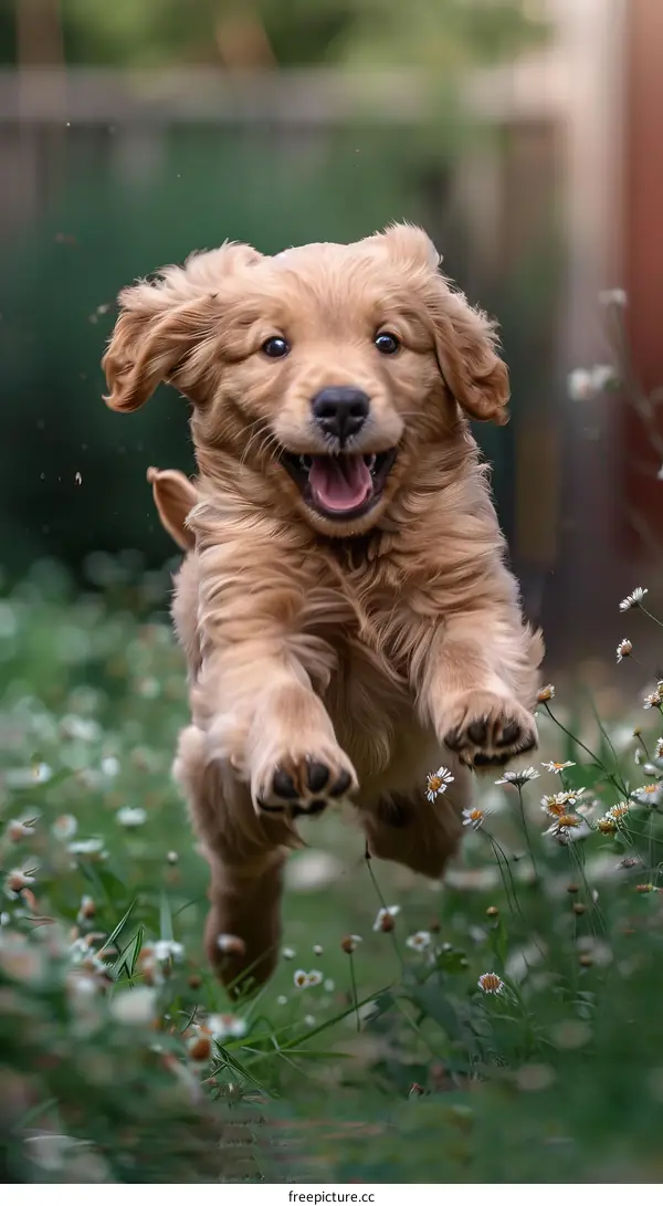 A cute golden retriever puppy is running in a field of flowers
