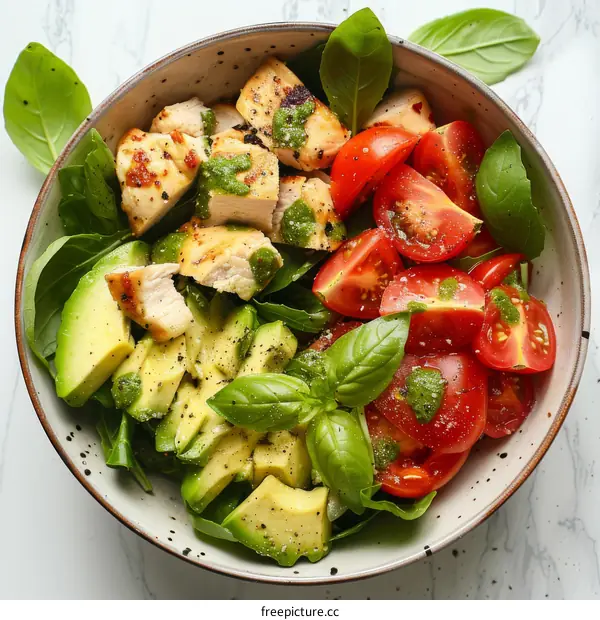 A Vibrant Salad with Grilled Chicken, Avocado, Tomatoes, and Basil