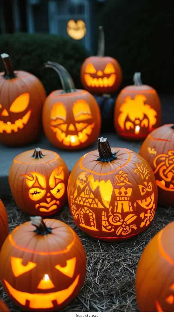 A collection of intricately carved pumpkins with various designs and styles.