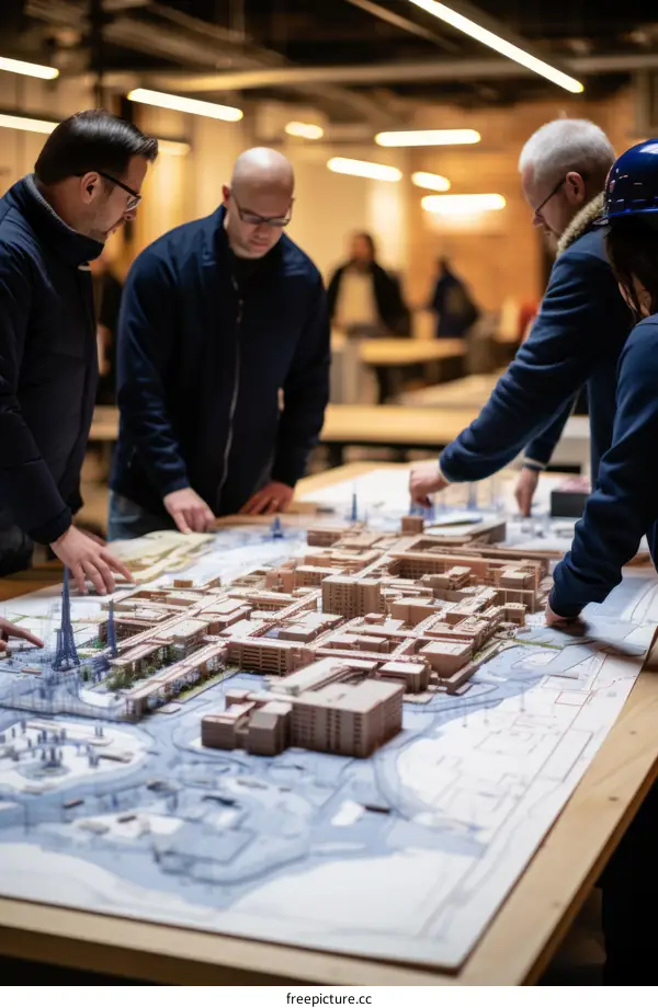 Four people are looking at a city model.