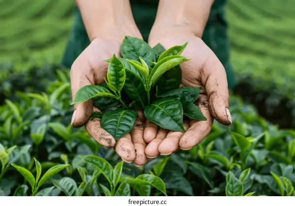 A farmer's hands holding a handful of tea leaves