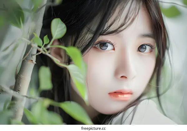 Beautiful Asian Woman with Green Leaves