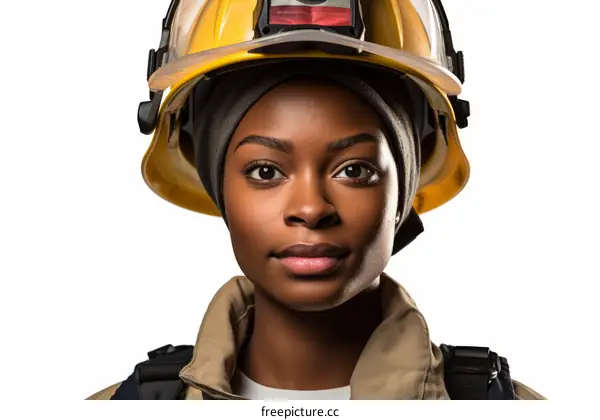 A portrait of a young African-American female firefighter wearing a yellow helmet