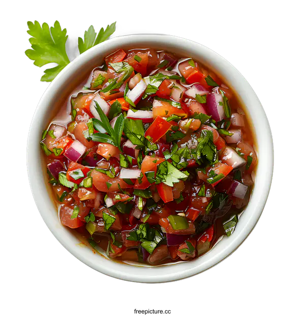 [Transparent Background PNG]Top view of homemade tomato salsa in white bowl