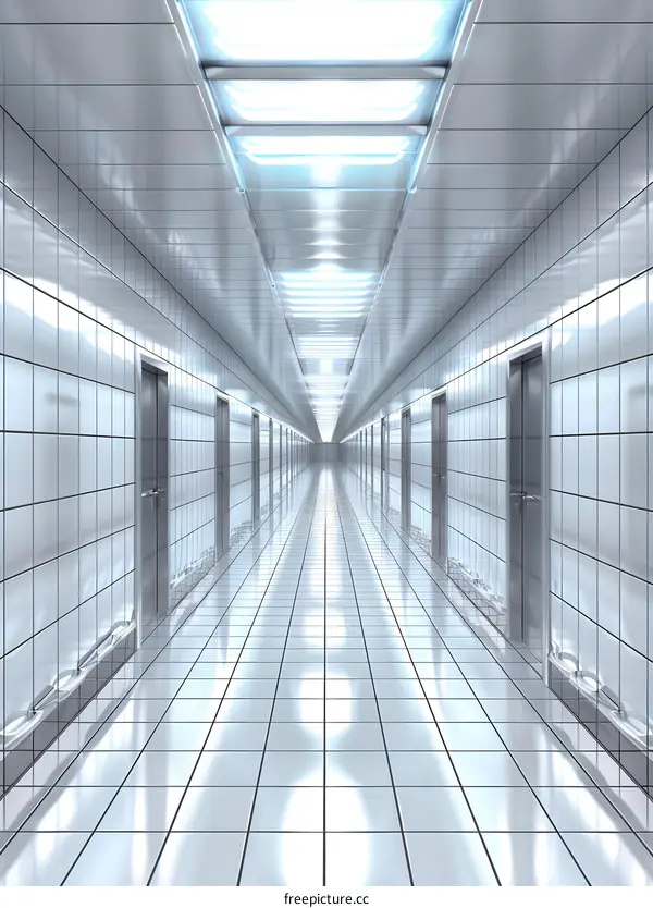 Long White Hallway with Doors and Bright Lights