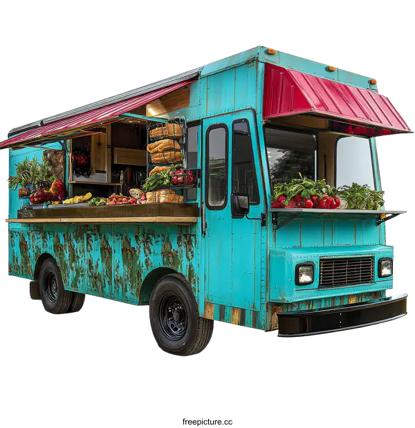 [Transparent Background PNG]Vintage Turquoise Food Truck with Fresh Produce