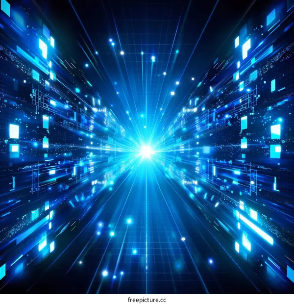 Blue technology background with bright light at the end of the tunnel