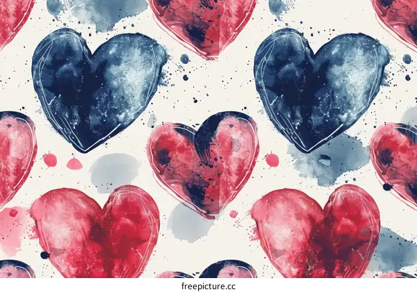 Red and blue watercolor hearts seamless pattern