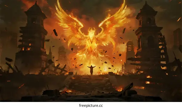 Phoenix Rising from Ashes Destroyed Ancient Temple