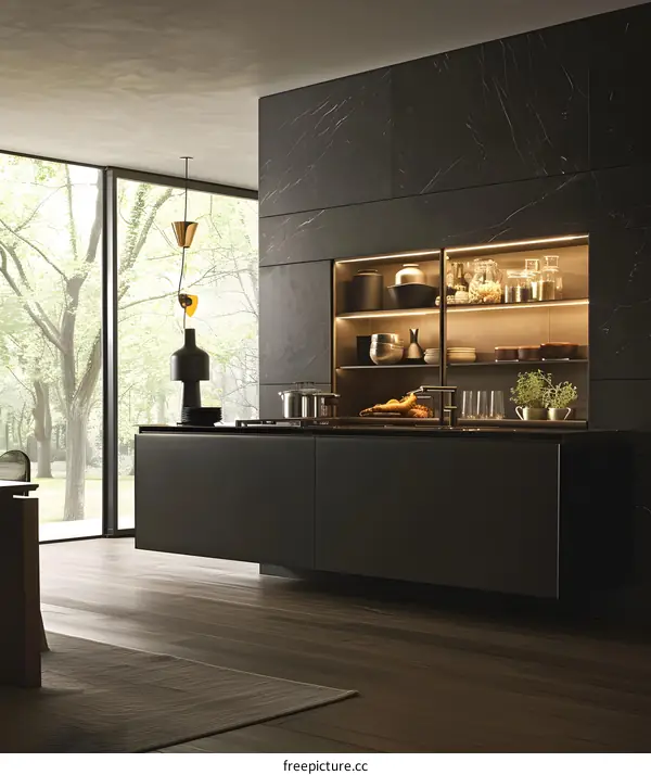 Modern Kitchen Interior Design With Black Cabinetry And Marble Wall