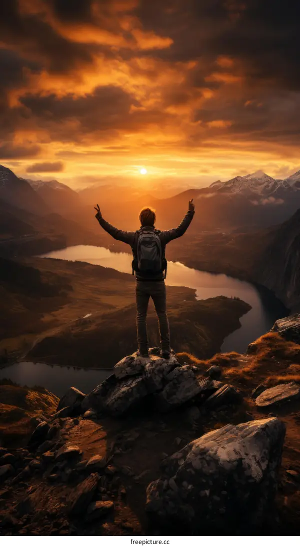 man standing on a mountaintop with his arms in the air