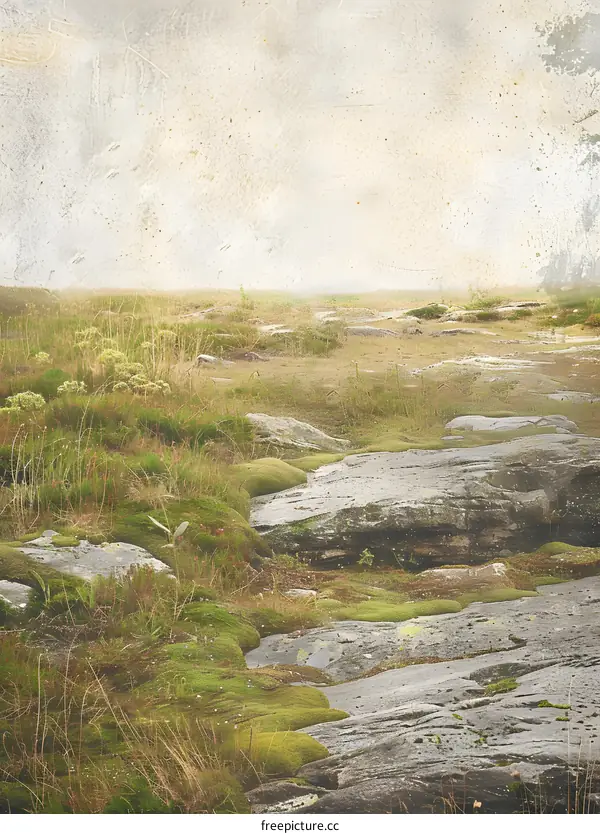 Rocky Landscape With Green Moss And Grass