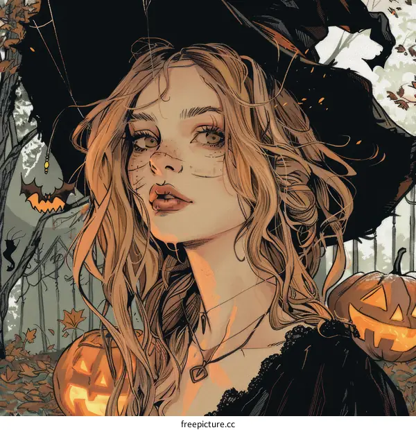 A witch with long blonde hair and a black hat stands in a graveyard surrounded by pumpkins.