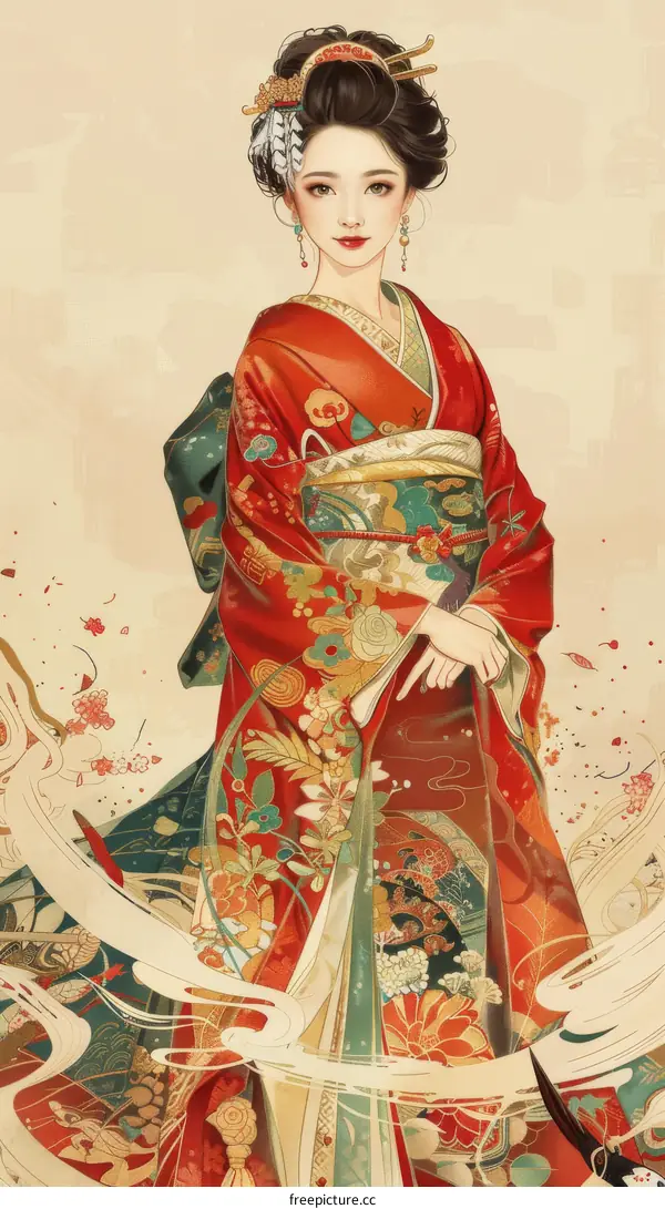 An illustration of a beautiful woman in a red kimono with white and pink plum blossoms and white cranes in the background