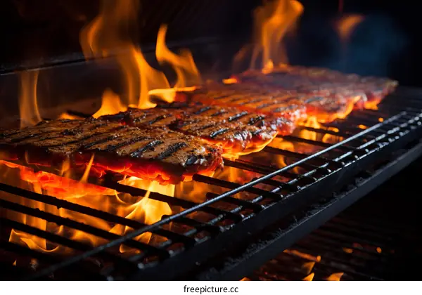 Barbecued Meat Grilled on Flaming Barbecue