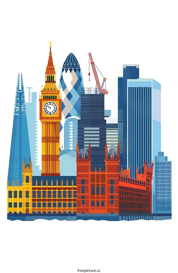 London Skyline Illustration with Big Ben and Tower Bridge