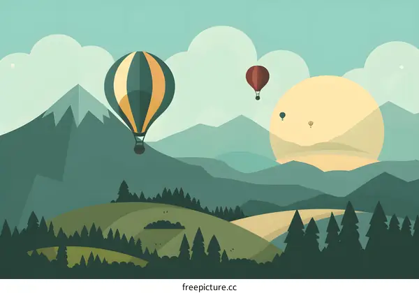 Hot Air Balloons Flying Over Mountain Landscape Illustration