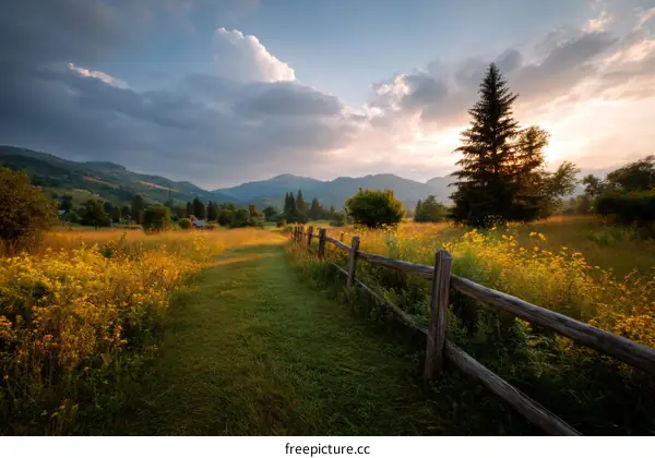 Golden Hour Meadow Path Through Mountains