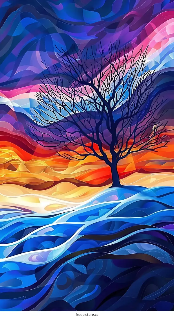 Abstract Art Landscape With Tree And Colorful Sky
