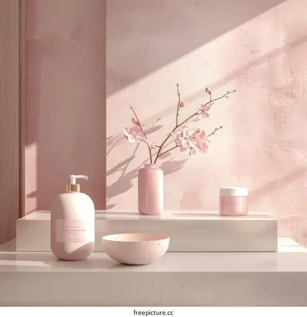 Luxury pink cosmetic bottle and flower still life
