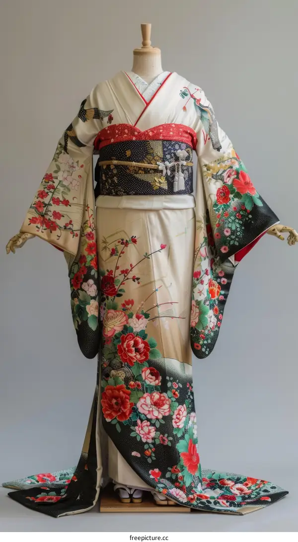 A kimono with a floral pattern and a black obi