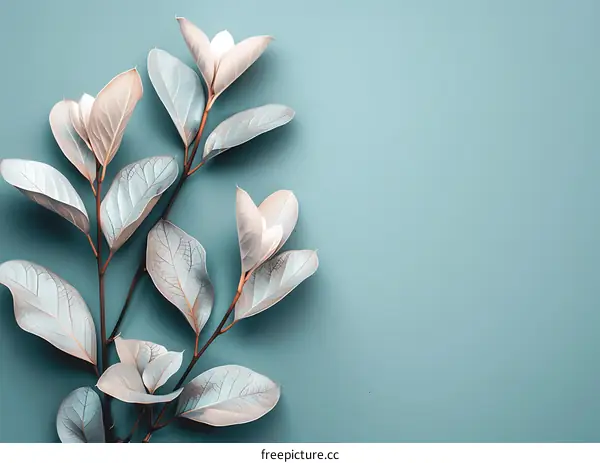 White Flowers and Leaves on Blue Background