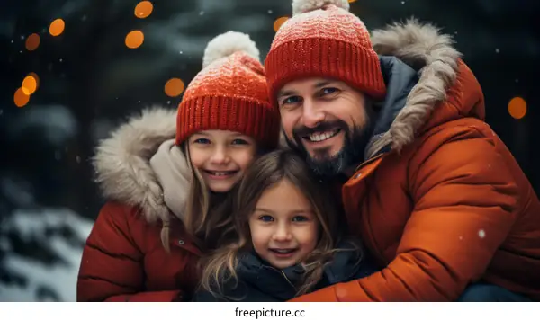 Father and daughters wearing orange winter coats and hats pose for a photo in the snow.