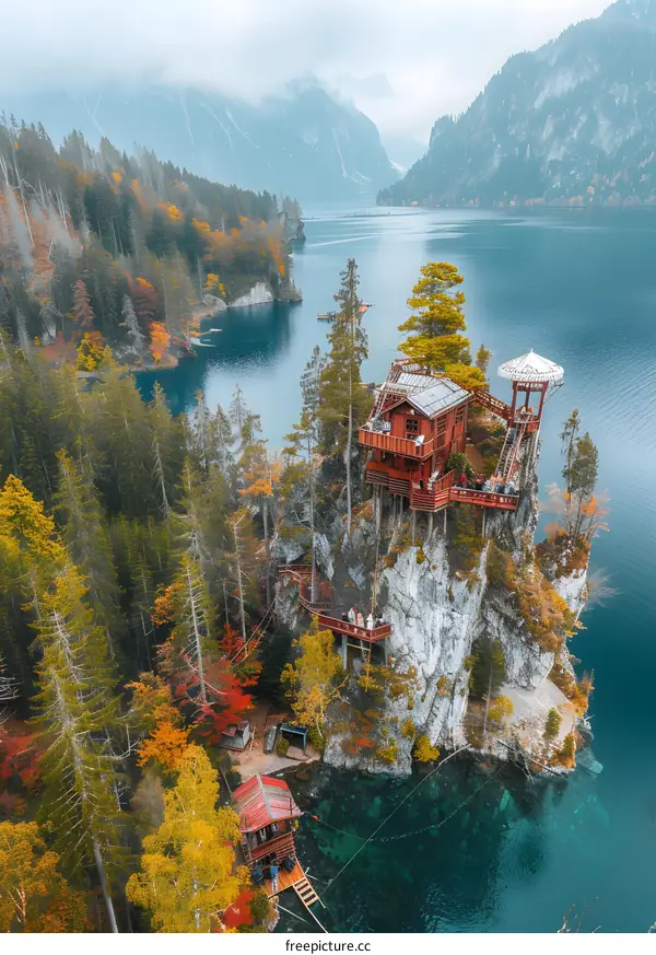 Wooden Cabin on Cliff Overlooking Mountain Lake