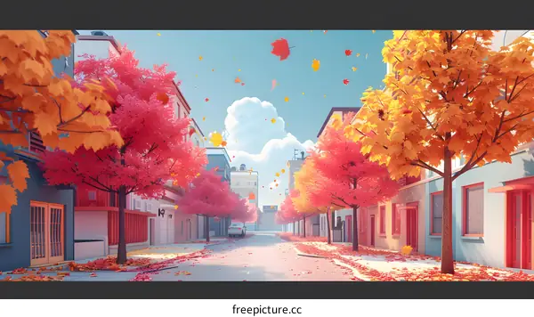 A beautiful illustration of an autumn street with colorful leaves falling from the trees