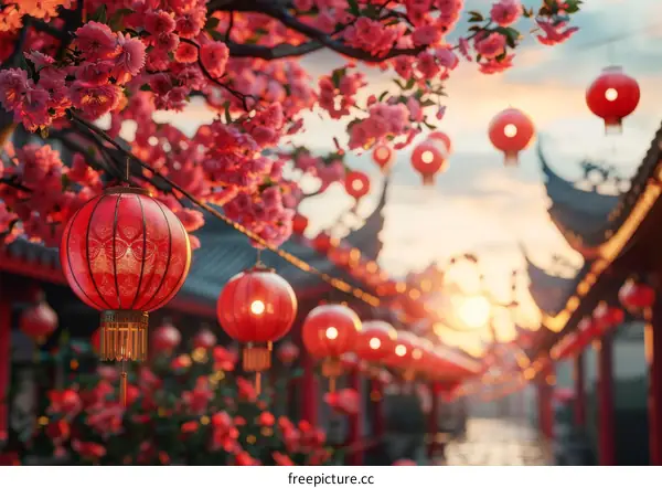 Chinese New Year Celebration with Red Lanterns and Cherry Blossoms