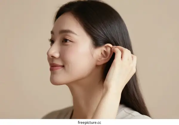 Profile of Young Woman with Long Black Hair Adjusting Ear