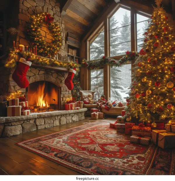 Cozy Christmas living room with fireplace, decorated Christmas tree and presents