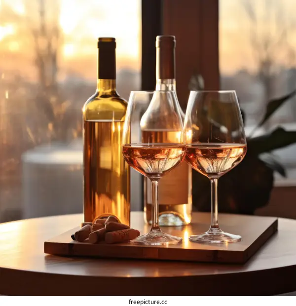 Two glasses and two bottles of wine on a table with a sunset in the background