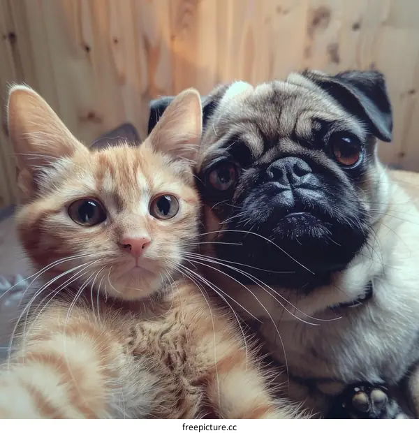 A ginger cat and a pug are taking a selfie together
