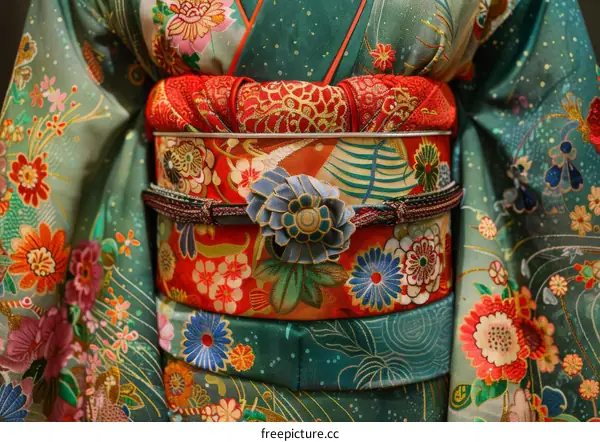 A woman wearing a kimono with a floral pattern and an obi with a floral pattern and a blue flower-shaped accessory.