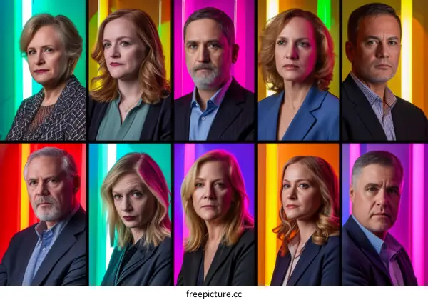 A group of people posing in front of a colorful background.