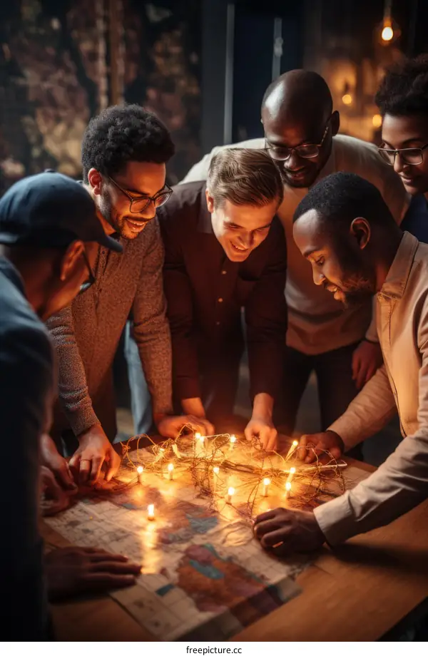 A group of friends are planning their next adventure by candlelight.