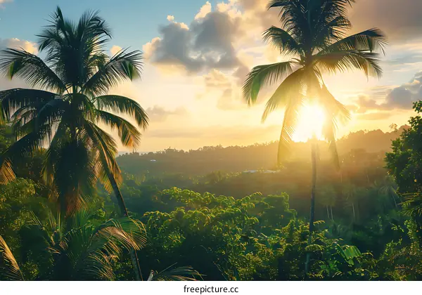 Sunset Through Palm Trees In Tropical Forest